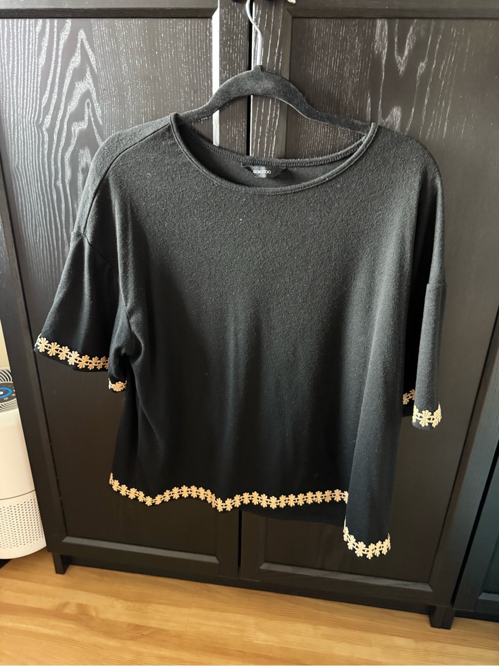 Black Knit Sweatshirt with Gold Floral Trim - Women